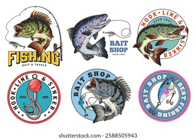 Various artistic designs showcasing fishing themes including fish illustrations and bait shop motifs are presented. Each design features unique elements related to fishing culture.