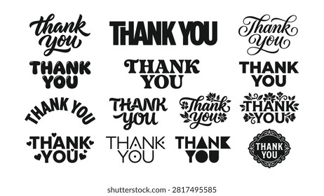 Various artistic renditions of the words thank you in different fonts and styles
