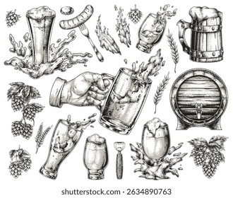 Various artistic representations of beer featuring overflowing mugs hops barley and brewing tools. The design illustrates the joyful culture surrounding beer and celebrations.