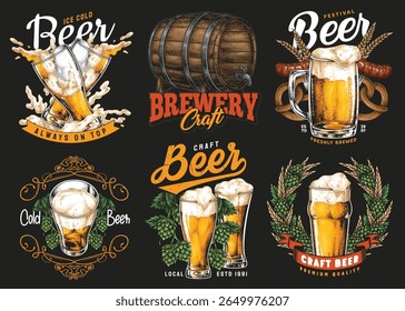 Várias representações artísticas de cerveja artesanal com canecas frias espumosas e barris. Ideal para os amantes da cerveja, estes desenhos celebram a alegria de fabricar cerveja em festivais locais.