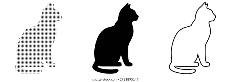 Various artistic representations of a sitting cat silhouette showcasing different digital styles
