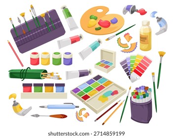 Várias ferramentas artísticas, como pincéis, tintas, paletas, marcadores e lápis, mostrados em estilo colorido de desenhos animados sobre fundo branco. Conceito de material de arte. Ilustração vetorial