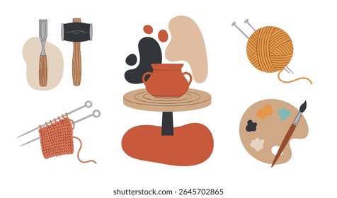Various Arts and Crafts Illustration with Equipment and Finished Products