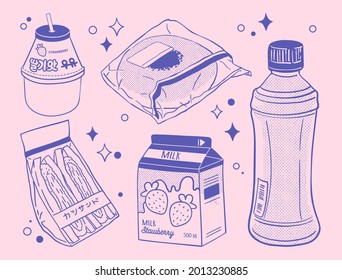 Various asian food in two colors. Text on the bottle means 'Strawberry milk', bun, text on the sandwich means 'cutlet sandwich'. Hand drawn vector set. All elements are isolated