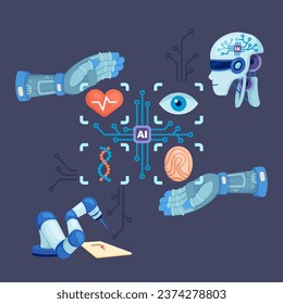 Various aspects of artificial intelligence vector illustration. Cartoon robots and machine hands showing health care, science, identification spheres. AI, machine learning, technology concept