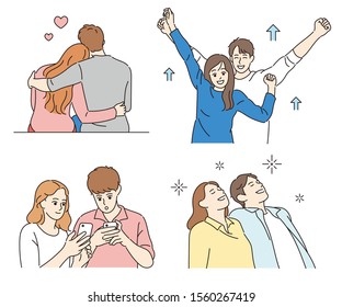 Various aspects of a happy couple. hand drawn style vector design illustrations. 