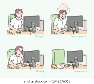 the various aspects of an office worker in her work. hand drawn style vector design illustrations. 