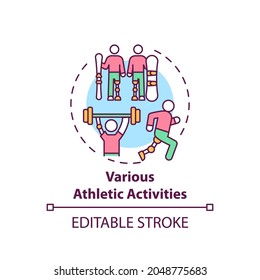 Various athletic activities concept icon. Lower-limb prostheses task idea thin line illustration. Participation in sports. Locomotion types. Vector isolated outline RGB color drawing. Editable stroke