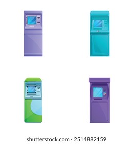 Various atm icons set cartoon vector. Modern cash machine. Automatic teller machine