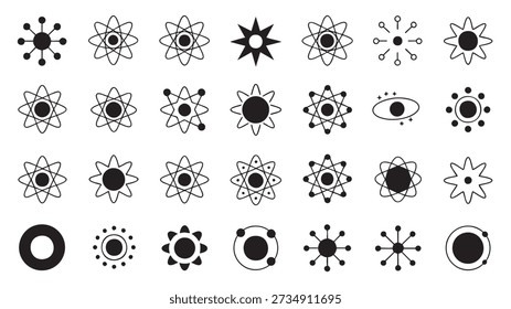 Various atomic and celestial symbols are arranged in a grid showcasing different design styles and elements.