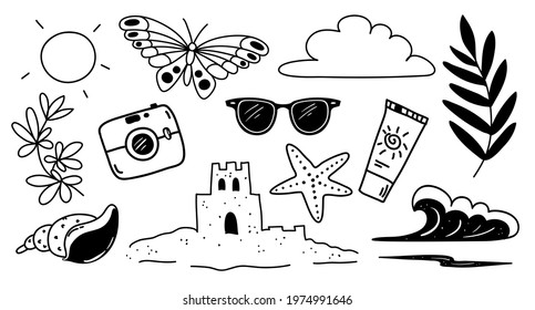 Various attributes of summer drawn in a trendy doodle style - sun, cloud, butterfly, sunglasses, sunscreen, seashell, sand castle, camera, waves, palm branch, starfish. Vector illustration isolated