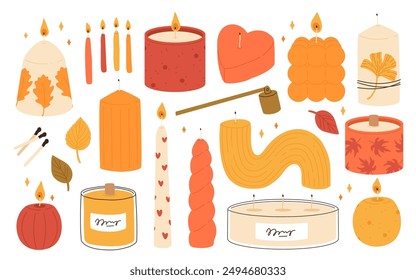 Various autumn Candles. Different shapes and sizes. Pillar, jar candle, square, container candle, heart shaped. Decorative fall wax candles with leaves and autumn elements. Matches, candle snuffer