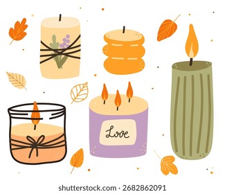 Varias velas de otoño. Diferentes Formas y tamaños. Velas decorativas de cera de otoño con hojas y Elementos de otoño. Ilustración vectorial