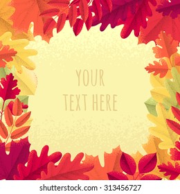 Various autumn leaves frame. Colorful retro background. Maple, oak, mountain ash, rowan, linden, hawthorn. Design for poster, invitation, card, flyer. Place for your  text