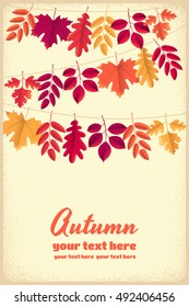 Various autumn leaves garland vertical template. Maple, oak, mountain ash, rowan, hawthorn. Retro vector illustration. Place for your text. Design for poster, invitation, card, banner, flyer