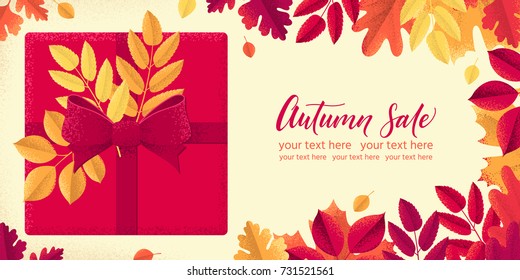 Various autumn leaves, gift box horizontal banner. Maple, oak, mountain ash, rowan, hawthorn. Autumn sale lettering. Top view. Retro vector template. Invitation, card, poster, flyer, gift certificate
