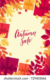 Various autumn leaves, gift boxes horizontal template. Autumn sale lettering. Top view for Invitation, banner, card, poster, flyer, gift certificate