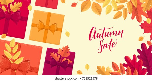 Various autumn leaves, gift boxes horizontal banner. Maple, oak, mountain ash, rowan, hawthorn. Autumn sale lettering. Top view. Retro vector layout. Invitation, card, poster, flyer, gift certificate