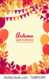 Various autumn leaves, party flags and balloons vertical template. Maple, oak, mountain ash, rowan, hawthorn. Place for your text. Retro vector illustration. Invitation, banner, card, poster, flyer