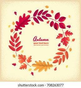 Various autumn leaves round wreath. Oak, mountain ash, rowan, hawthorn. Retro vector illustration. Design for invitation, card, poster, flyer, banner. Place for your text