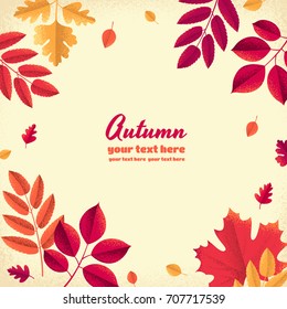 Various autumn leaves template. Retro vector illustration. Maple, mountain ash, rowan, hawthorn. Design for poster, invitation, card, banner, flyer. Place for your text