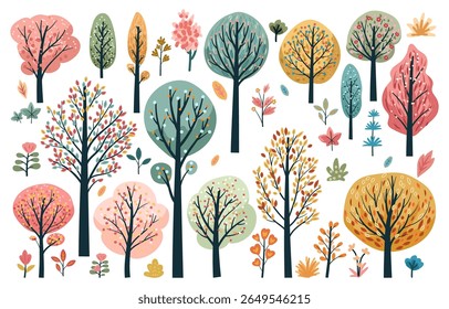 various autumn tree for autumn fall with bohemian style. vector print