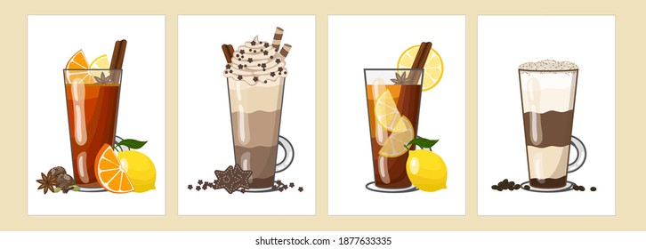 Various autumn winter hot drinks - lemon tea, rum punch, hot chocolate, latte coffee in tall glasses. Vector illustration of four cards