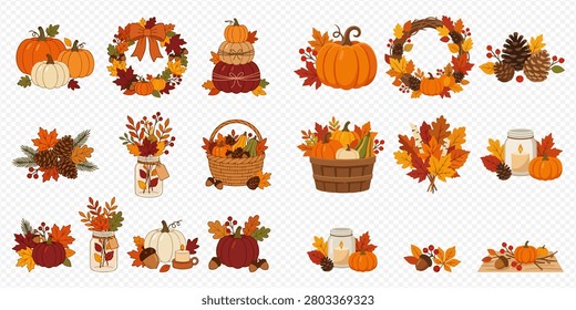Various autumn-themed decorative elements including pumpkins, wreaths, leaves, pinecones, baskets, and candles, perfect for fall designs.