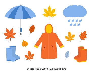 Vários elementos com tema de outono são mostrados, incluindo uma capa de chuva laranja vibrante, botas azuis, um guarda-chuva clássico e folhas coloridas caindo, sugerindo um dia chuvoso no outono.