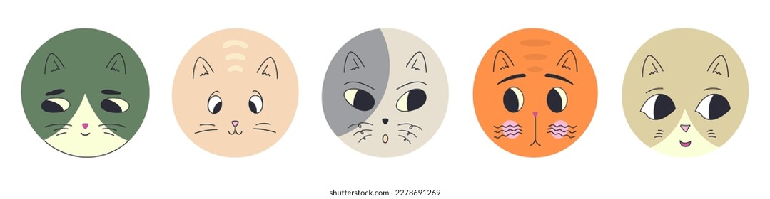 Various avatars, black eyes cats. Colored shapes, cartoon persons, round kitten muzzle. Illustration on white background
