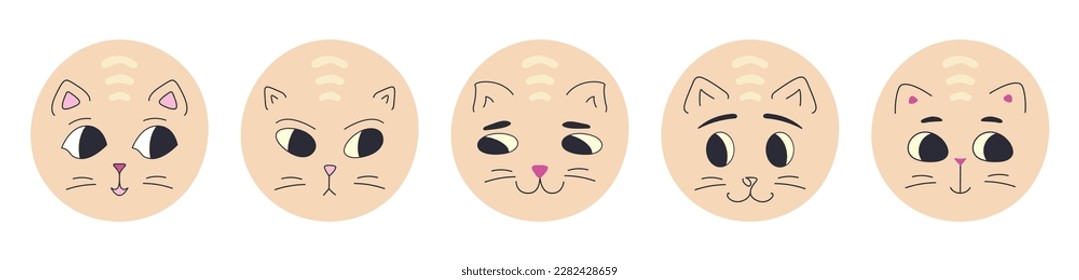 Various avatars, black eyes cats. Flat design, diverse emotions, cartoon funny kitty. Isolated flat cartoon vector 

