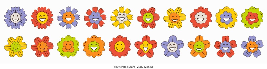 Various avatars, cheery flowers. Modifiable mascots, personal portrait, bright floret. Creative flat vector illustration
