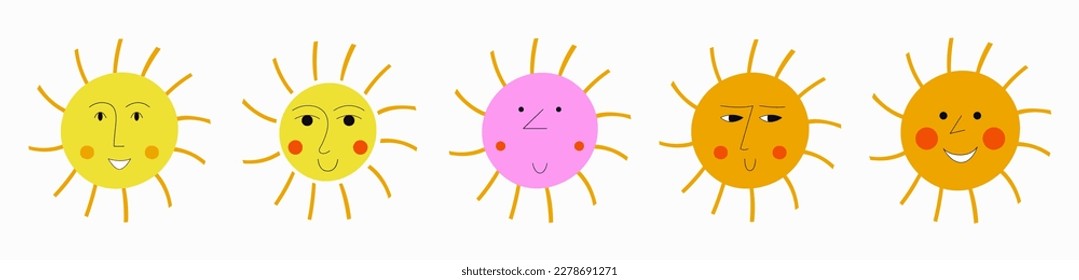 Various avatars, cheery suns. Colored shapes, cartoon persons, summer sun. Illustration on white background
