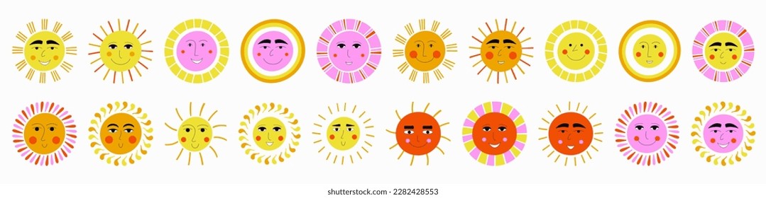 Various avatars, cheery suns. Modifiable mascots, personal portrait, sunny face. Creative flat vector illustration
