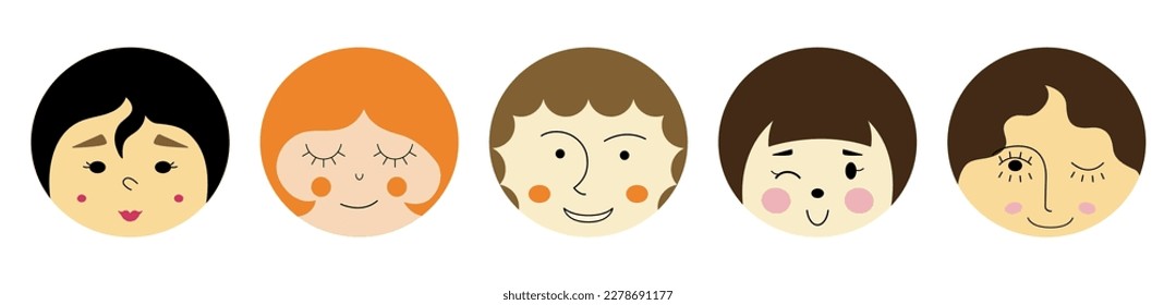 Various avatars, pleasant girlish faces. Colored shapes, cartoon persons, woman appearance. Illustration on white background
