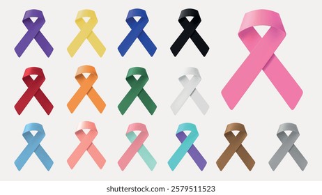 Various awareness ribbons in multiple colors, including pink, purple, and yellow. Ribbons symbolize support for different causes and awareness campaigns. Awareness ribbons, isolated vector set.