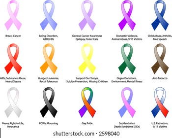 Various awareness ribbons and some of the causes they represent.