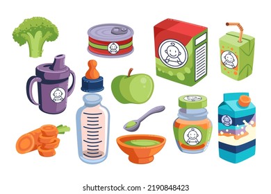 Diversas ilustraciones de dibujos animados de alimentos para bebés y productos. Frutas, verduras, tazón de sopa, embutido de jugo, leche y avena, frasco de cacahuete y botella de alimentación. Alimentos complementarios, nutrición