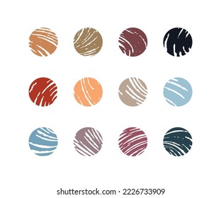 Various background circles, textured icons made with felt tip pens. Hand drawn abstract pen test doodles. Yarn balls. Simple editable elements of soft pastel colors isolated on white