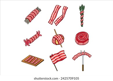 Verschiedene Bacon Food Illustrationen Template Design mit einer Kombination aus Wurst, Spargel, Kartoffeln, Anoki und Flagge-Form