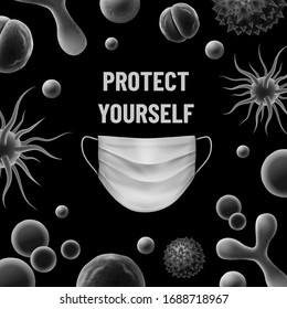 Various bacteria types with mask monochrome background. Vector illustration. Virus concept
