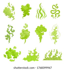 Various bad smell odor clouds flat icon set. Cartoon green toxic steam, stinky dirt breath, odor smoke isolated vector illustration collection. Fart and stink concept