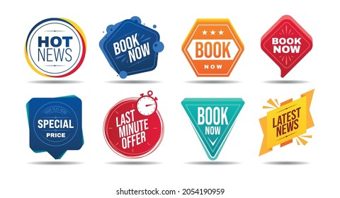 Diversas insignias establecidas para noticias calientes precio especial último libro de oferta ahora aislado en fondo blanco ilustración vectorial realista