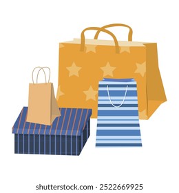 Various bags and boxes are displayed, featuring bright colors and distinct patterns. Perfect for shopping or gifting, they enhance any celebration effortlessly.