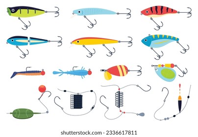 Various baits for fishing. Lures of various sizes and types for fishing. Tools for catching fish. Vector illustration