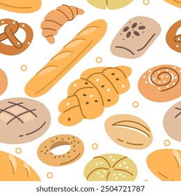 Various bakery and pastry seamless pattern. Bread, buns, croissant and other types of bakery products. Vector illustration.