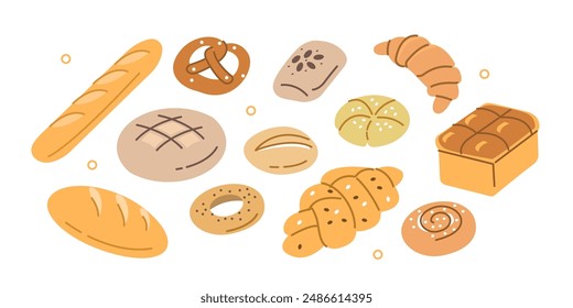 Various bakery and pastry set. Collections of bread, buns, croissant and other types of bakery products. Vector illustration.