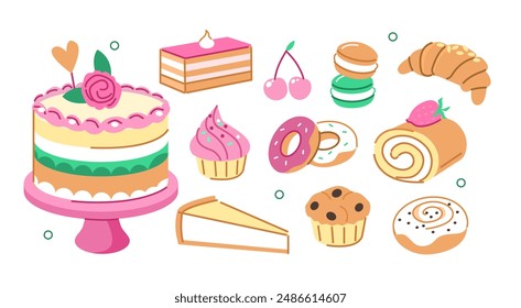 Diversas panaderías y pastelería. Colecciones de pastel, magdalena, cruasán y otros tipos de postres dulces. Ilustración vectorial.