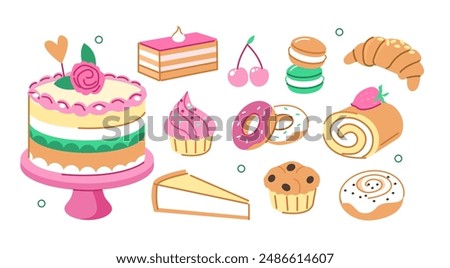 Various bakery and pastry set. Collections of cake, cupcake, croissant and other types of sweet pastry desserts. Vector illustration.