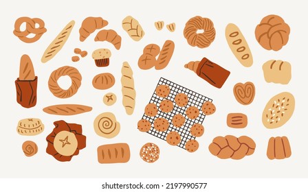 Various bakery products, bread and pastries. Vector hand drawn illustration. All elements are isolated.